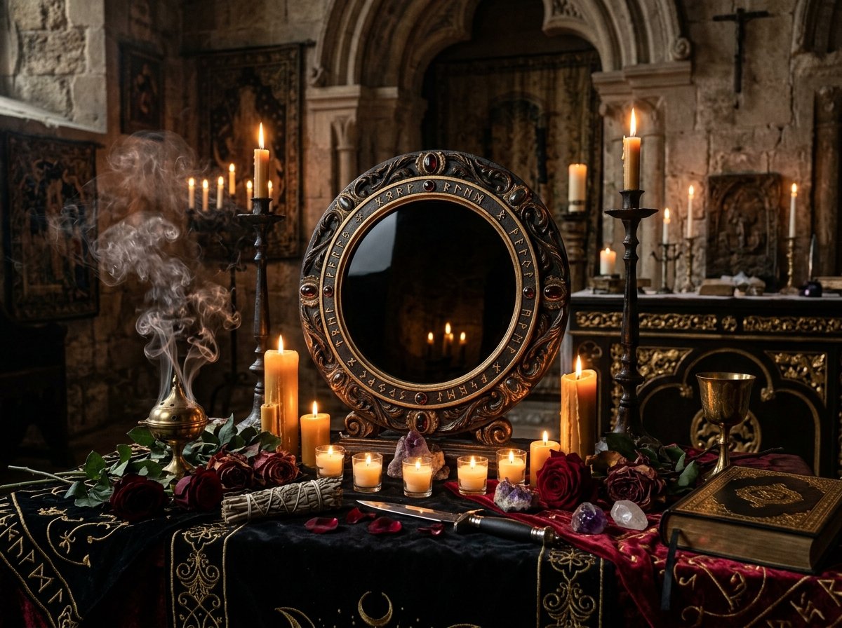 Vidência através do Espelho Negro sagrado no altar espiritual